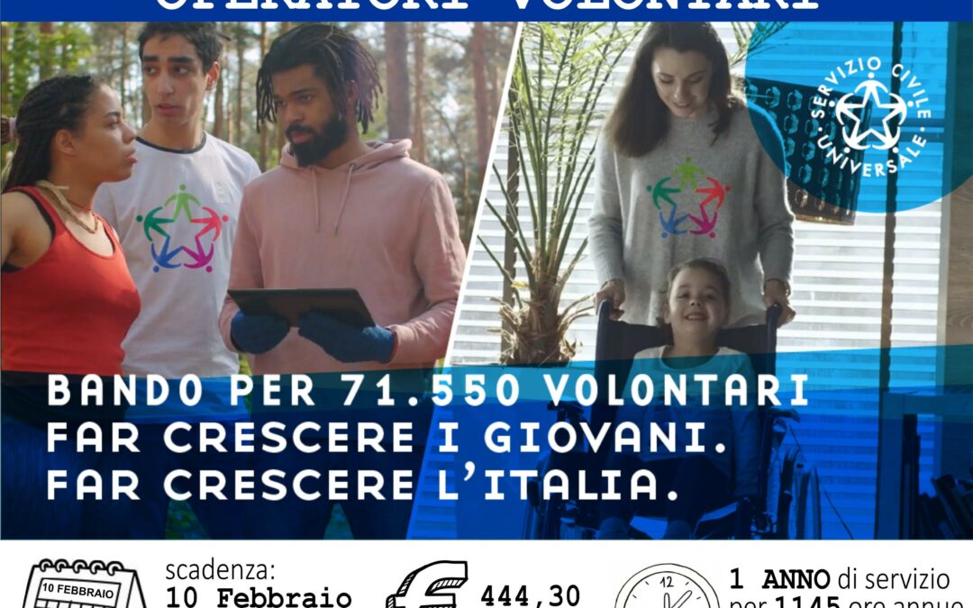 NUOVO BANDO PER LA SELEZIONE DI OPERATORI VOLONTARI PER PROGETTI DI SERVIZIO CIVILE